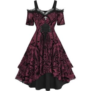 ROSE GAL Plus Size Gothic Lace Up Flocking Floral Layered Cold Shoulder Flowy Dress(Red)