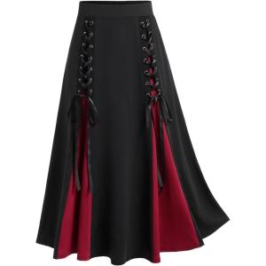 ROSE GAL Plus Size Gothic Lace Up Two Tone Godet Hem Midi A Line High Waisted Skirt(Black_5)