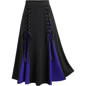 ROSE GAL Plus Size Gothic Lace Up Two Tone Godet Hem Midi A Line High Waisted Skirt(Blue)