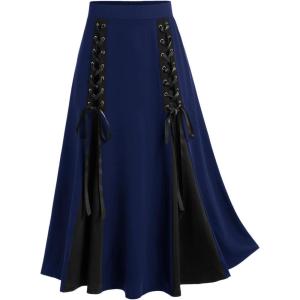 ROSE GAL Plus Size Gothic Lace Up Two Tone Godet Hem Midi A Line High Waisted Skirt(Deep Blue)