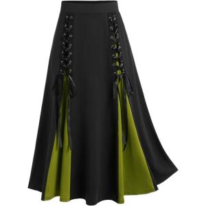 ROSE GAL Plus Size Gothic Lace Up Two Tone Godet Hem Midi A Line High Waisted Skirt(Green_2)