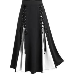 ROSE GAL Plus Size Gothic Lace Up Two Tone Godet Hem Midi A Line High Waisted Skirt(White)