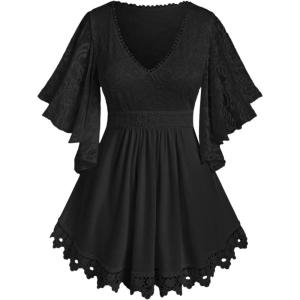 ROSE GAL Plus Size Lace Panel Butterfly Sleeve Blouse(Black_1)