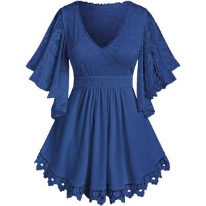 ROSE GAL Plus Size Lace Panel Butterfly Sleeve Blouse(Blue_1)