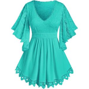 ROSE GAL Plus Size Lace Panel Butterfly Sleeve Blouse(Blue_2)