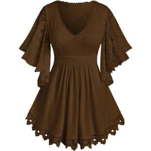 ROSE GAL Plus Size Lace Panel Butterfly Sleeve Blouse(Coffee_2)