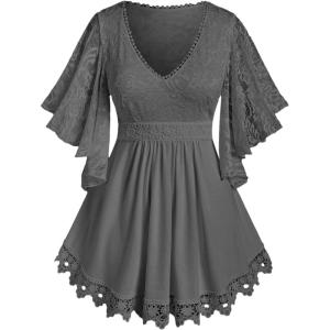 ROSE GAL Plus Size Lace Panel Butterfly Sleeve Blouse(Gray_1)