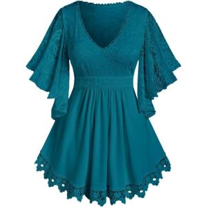 ROSE GAL Plus Size Lace Panel Butterfly Sleeve Blouse(Green_1)