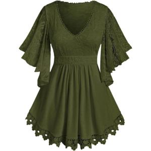 ROSE GAL Plus Size Lace Panel Butterfly Sleeve Blouse(Green_2)
