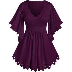ROSE GAL Plus Size Lace Panel Butterfly Sleeve Blouse(Purple_1)