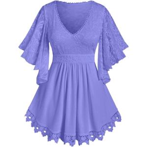 ROSE GAL Plus Size Lace Panel Butterfly Sleeve Blouse(Purple_2)