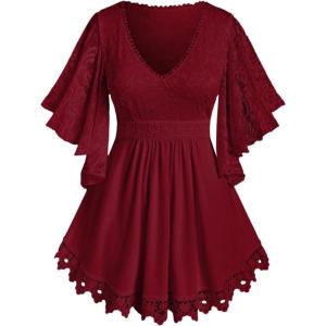 ROSE GAL Plus Size Lace Panel Butterfly Sleeve Blouse(Red_1)