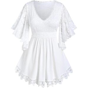 ROSE GAL Plus Size Lace Panel Butterfly Sleeve Blouse(White)