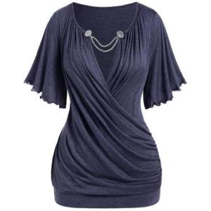 ROSE GAL Plus Size Lettuce Ruched Chain Embellished Plunging Blouson Tee(Blue)
