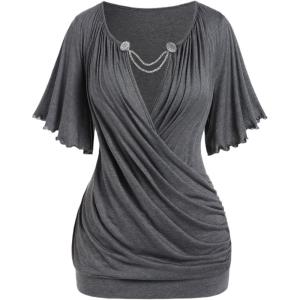 ROSE GAL Plus Size Lettuce Ruched Chain Embellished Plunging Blouson Tee(Gray)