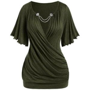 ROSE GAL Plus Size Lettuce Ruched Chain Embellished Plunging Blouson Tee(Green)