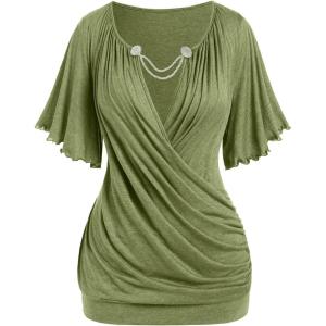 ROSE GAL Plus Size Lettuce Ruched Chain Embellished Plunging Blouson Tee(Green_1)