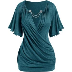 ROSE GAL Plus Size Lettuce Ruched Chain Embellished Plunging Blouson Tee(Green_2)