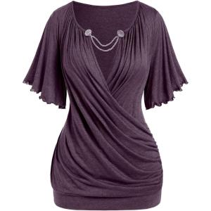 ROSE GAL Plus Size Lettuce Ruched Chain Embellished Plunging Blouson Tee(Purple)