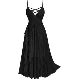 ROSE GAL Plus Size Party Dress for Women Lace Ruffles Cirsscross Cocktail Bridesmaid Wedding Guest Maxi Cami Formal Dress(Black_1)