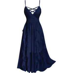 ROSE GAL Plus Size Party Dress for Women Lace Ruffles Cirsscross Cocktail Bridesmaid Wedding Guest Maxi Cami Formal Dress(Blue_1)