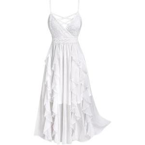 ROSE GAL Plus Size Party Dress for Women Lace Ruffles Cirsscross Cocktail Bridesmaid Wedding Guest Maxi Cami Formal Dress(White_1)