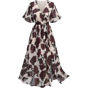 ROSE GAL Plus Size Womems Boho Summer Belt Surplice Maxi Dress Casual Floral V Neck Short Sleeves Dress(Khaki_1)