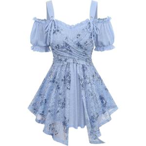 ROSE GAL Plus Size Women Cold Shoulder T-Shirt Casual Summer Open Shoulder 2 in 1 Swing Tops(Light Blue)