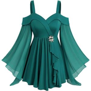 ROSE GAL Plus Size Women Elagant Fall T-Shirt Cold Shoulder Ruffle Long Bell Sleeve Swing Top(Green)