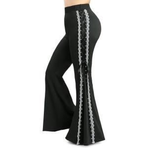 ROSE GAL Plus Size Women Elastic High Waisted Flare Pants Lace-up Lace Hem Bell Bottom Pants(Black)