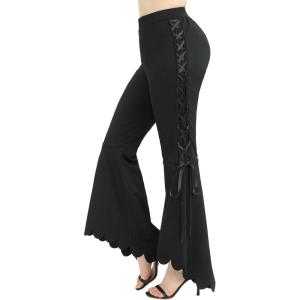 ROSE GAL Plus Size Women Elastic High Waisted Flare Pants Lace-up Scalloped Hem Bell Bottom Pants(Black)