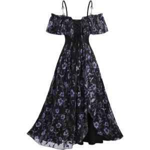 ROSE GAL Plus Size Women Floral Cold Shoulder Maxi Dresses Ruffle Lace-up Empire Waist Vacation Flowy Dress(Black)