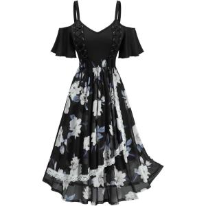 ROSE GAL Plus Size Women Floral Print Cold Shoulder Dress Lace-up Midi Flowy Vacation Dresses(Black)