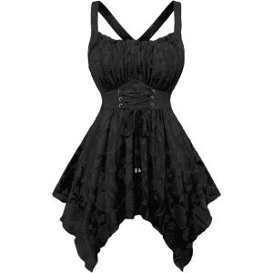 ROSE GAL Plus Size Women Flower Jacquard Lace-up Ruched Sleeveless Blouse Flowy Handkerchief Hem Tank Top(Black)