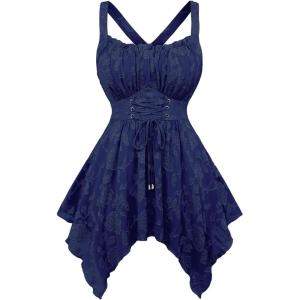 ROSE GAL Plus Size Women Flower Jacquard Lace-up Ruched Sleeveless Blouse Flowy Handkerchief Hem Tank Top(Blue)