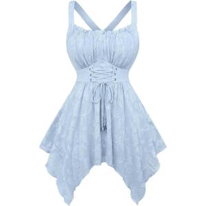 ROSE GAL Plus Size Women Flower Jacquard Lace-up Ruched Sleeveless Blouse Flowy Handkerchief Hem Tank Top(Light Blue)