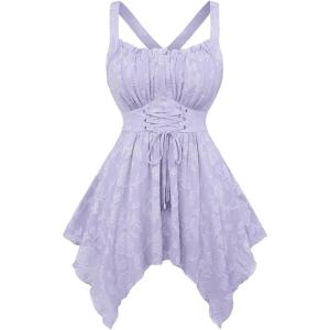 ROSE GAL Plus Size Women Flower Jacquard Lace-up Ruched Sleeveless Blouse Flowy Handkerchief Hem Tank Top(Light Purple)