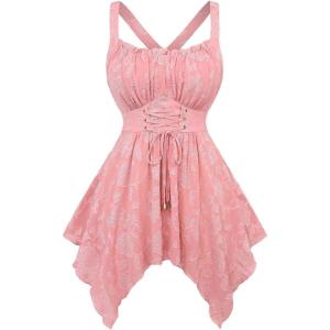 ROSE GAL Plus Size Women Flower Jacquard Lace-up Ruched Sleeveless Blouse Flowy Handkerchief Hem Tank Top(Pink)