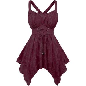 ROSE GAL Plus Size Women Flower Jacquard Lace-up Ruched Sleeveless Blouse Flowy Handkerchief Hem Tank Top(Red)