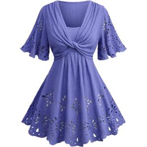 ROSE GAL Plus Size Women Flutter Sleeve Flowy Tops Laser Cutout Twist Front Textured Crinkly Short Sleeve Summer T-Shirt(Blue)