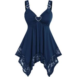 ROSE GAL Plus Size Women Heart Ring Buckled Casual Summer Flowy Lace Handkerchief Hem Tank Top(Blue)