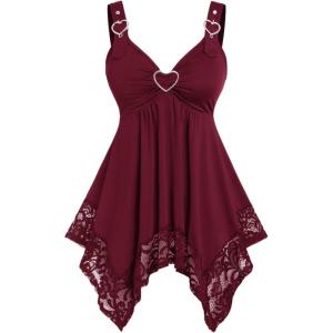 ROSE GAL Plus Size Women Heart Ring Buckled Casual Summer Flowy Lace Handkerchief Hem Tank Top(Red)