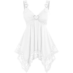 ROSE GAL Plus Size Women Heart Ring Buckled Casual Summer Flowy Lace Handkerchief Hem Tank Top(White)