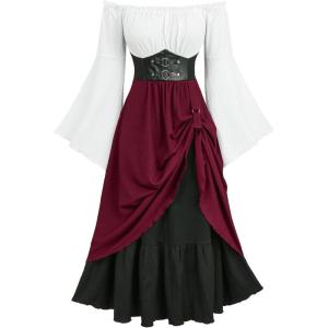 ROSE GAL Plus Size Women Renaissance Ren Faire Costume Textured Long Bell Sleeve Layered Maxi Medieval Dress(Red)