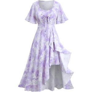 ROSE GAL Plus Size Women Summer Floral Maxi Dress Lace-up Ruffle Flutter Sleeve Maxi Swing Long Dress(Light Purple)