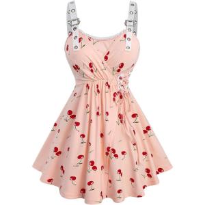 ROSE GAL Plus Size Womens Elegant Flowy Summer Babydoll Tank Top Cherry Print Lace-up Buckles Straps Top(Pink_1)