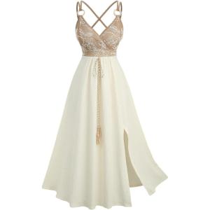 ROSE GAL Plus Size Womens Elegant Sleeveless Boho Summer Dress Strappy Split Tassel Embroidered Textured Flowy Dress(Beige_1)