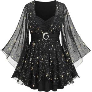 ROSE GAL Plus Size Womens Elegant Sparkly Gold Stamping Stars Print Long Flare Sleeve 2 in 1 Flowy Top(Black)