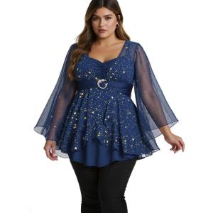 ROSE GAL Plus Size Womens Elegant Sparkly Gold Stamping Stars Print Long Flare Sleeve 2 in 1 Flowy Top(Blue)