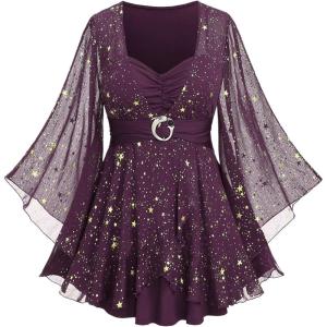 ROSE GAL Plus Size Womens Elegant Sparkly Gold Stamping Stars Print Long Flare Sleeve 2 in 1 Flowy Top(Deep Purple)